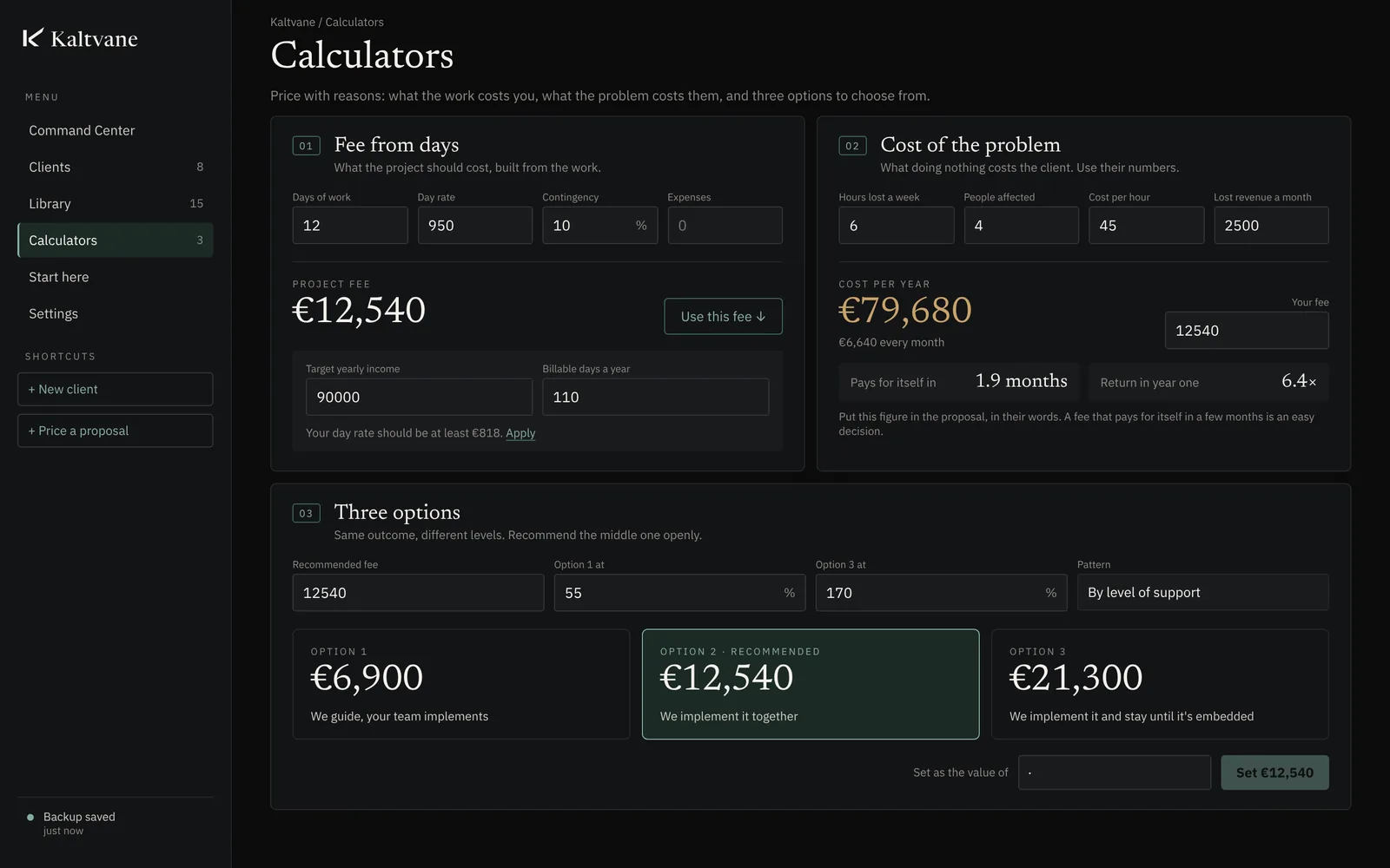 Three pricing options with the recommended one highlighted