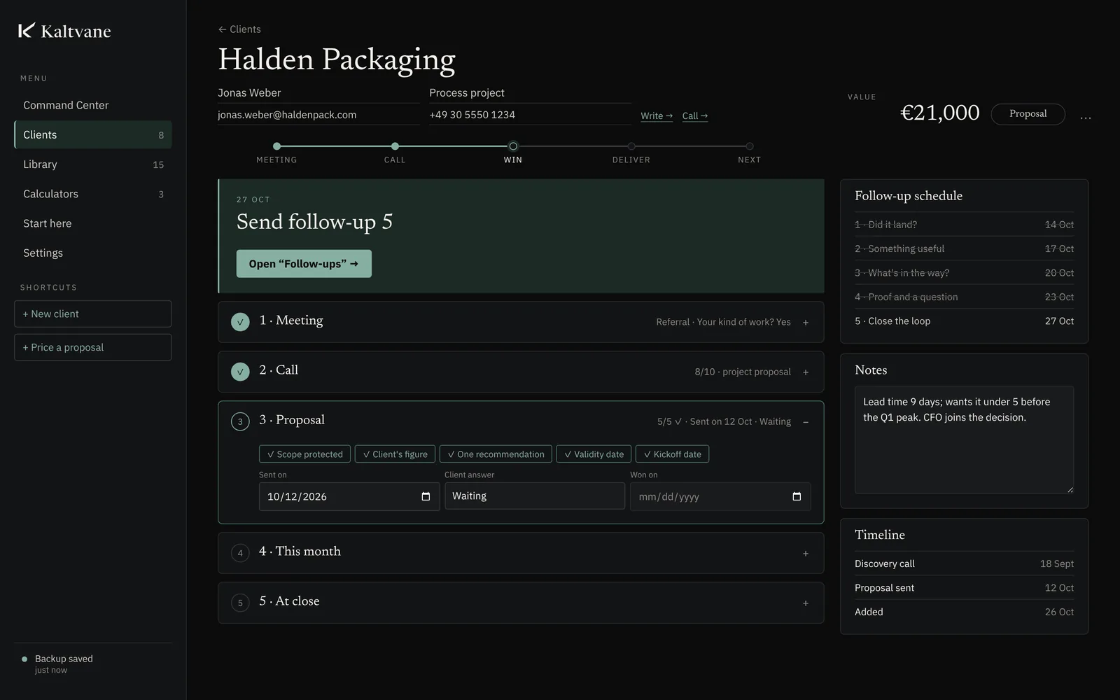 A client page with the next action, the follow-up schedule and notes
