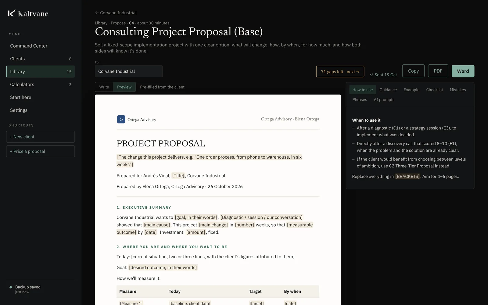 A project proposal pre-filled with the client and the consultant's logo, with guidance beside it